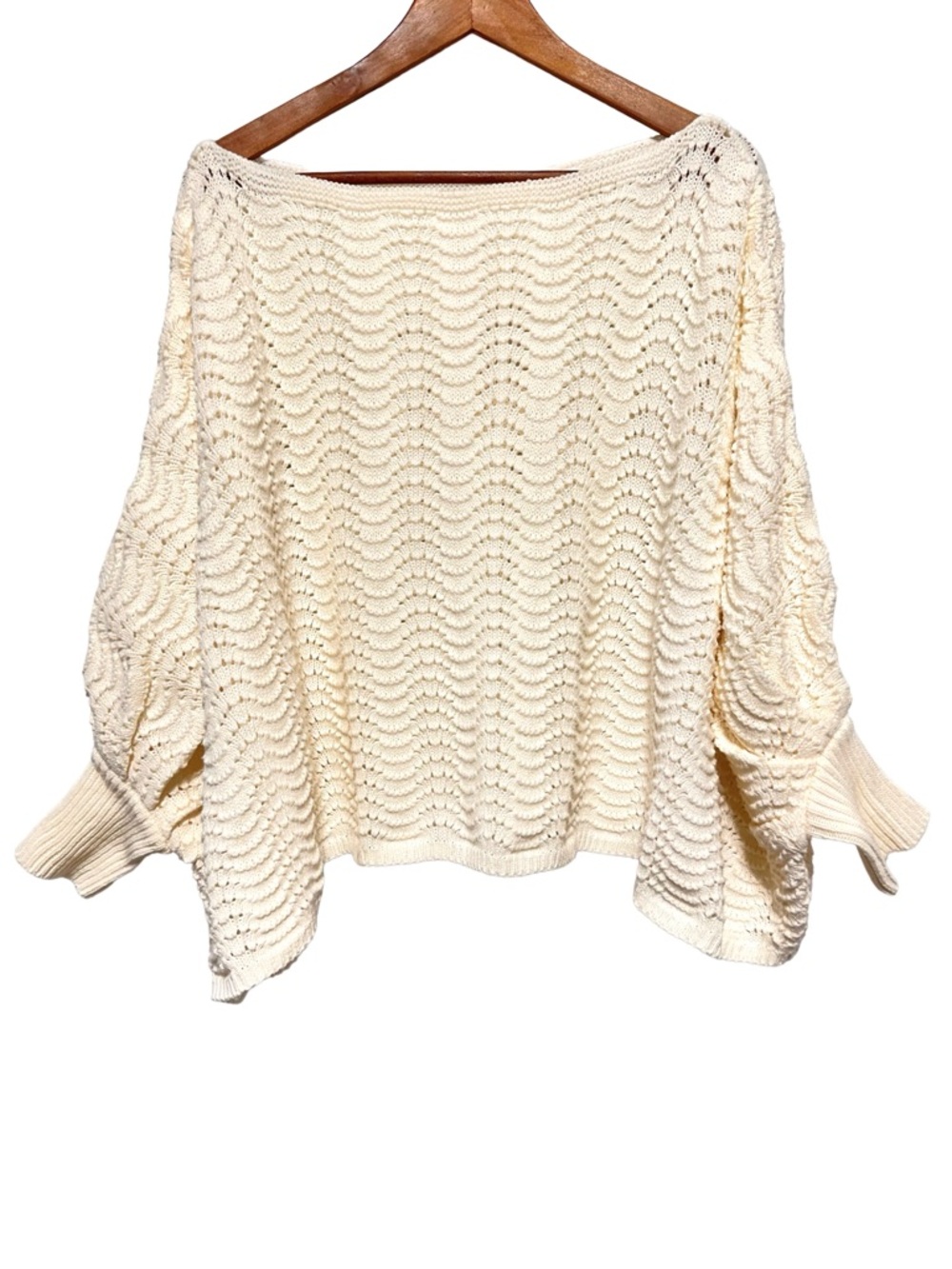 Cream Oversized Dolman Sleeve Open Knit Sweater Boat Neck Size M